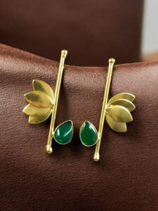 Handmade Gold Plated Lotus Stud Earrings | Monalisa Stone Ethnic Design Beautiful Jewelry - color: "Green"