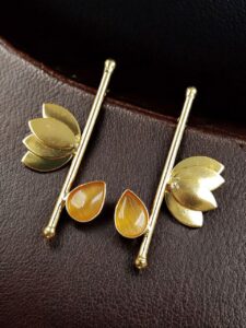 Handmade Gold Plated Lotus Stud Earrings | Monalisa Stone Ethnic Design Beautiful Jewelry - color: "Yellow"