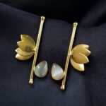 Bulk 132 Handmade Gold Plated Lotus Stud Earrings | Monalisa Stone Ethnic Design Beautiful Jewelry - "Grey"