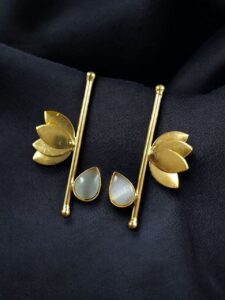 Handmade Gold Plated Lotus Stud Earrings | Monalisa Stone Ethnic Design Beautiful Jewelry - color: "Grey"