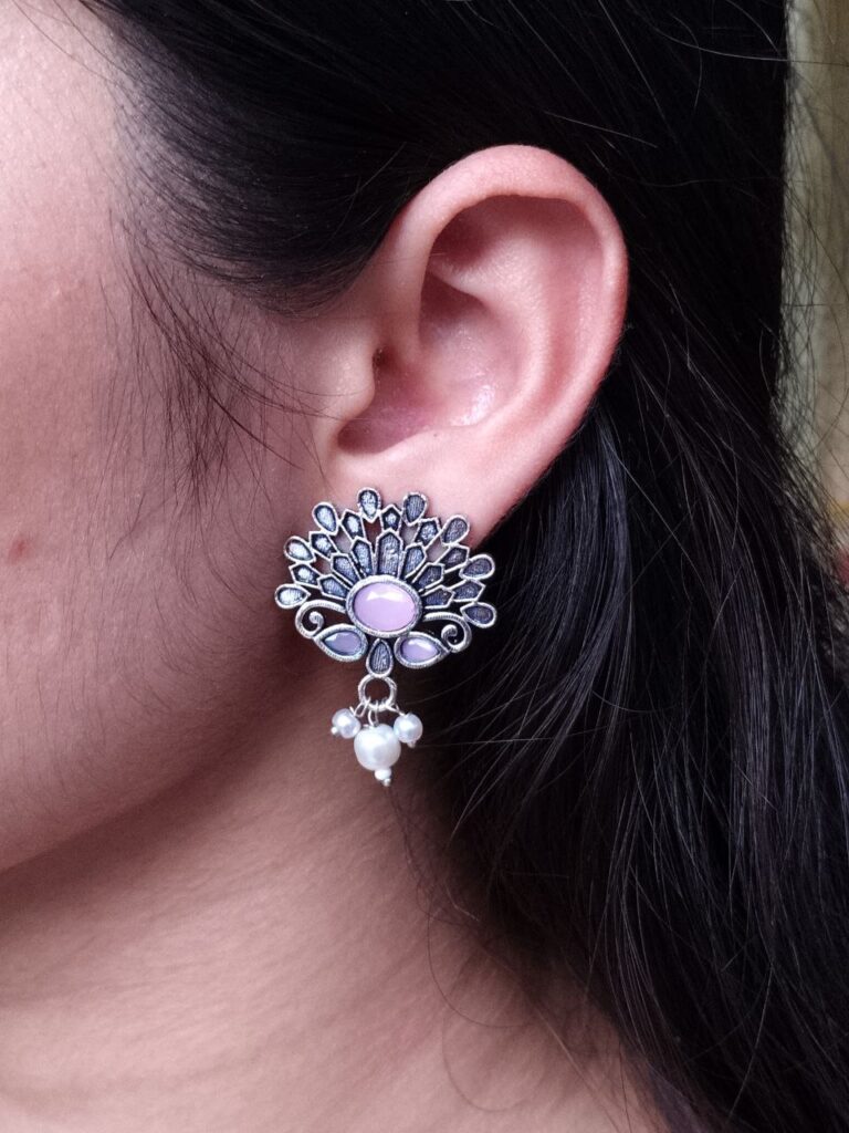 German Silver Unique Stud Earrings | Ethnic Pearl & Stone Work Jewelry