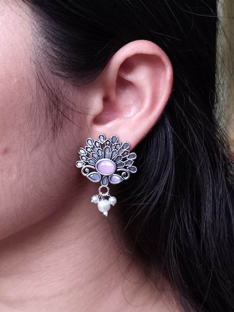 German Silver Unique Stud Earrings | Ethnic Pearl & Stone Work Jewelry 1 German Silver unique stud earrings with pearl and stone ethnic design