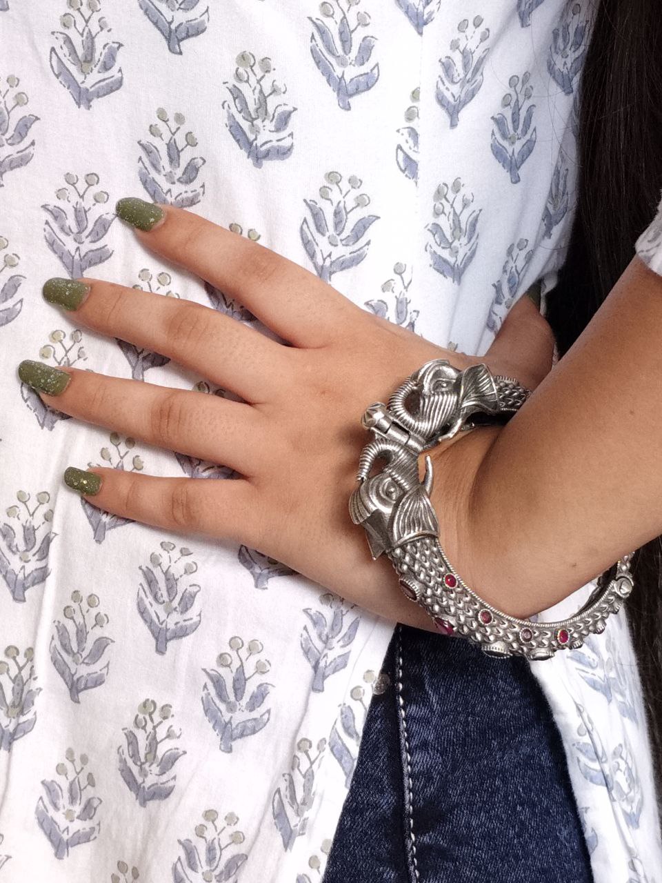 Ethnic Elephant Kada | Adjustable Silver Replica Openable Stone Work Bangle Perfect Gift For Girls 4 Ethnic Elephant Adjustable Silver Replica Kada with Stone Work