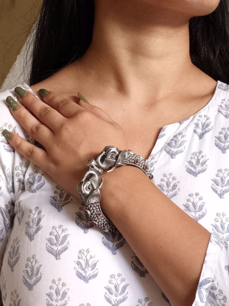 Ethnic Elephant Kada | Adjustable Silver Replica Openable Stone Work Bangle Perfect Gift For Girls