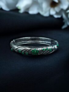 Ethnic Silver Plated Adjustable Bangle | Best Stone Work Openable Kada Jewelry - color: "Green"