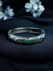 Ethnic Silver Plated Adjustable Bangle | Best Stone Work Openable Kada Jewelry - color: "Mint"