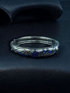 Ethnic Silver Plated Adjustable Bangle | Best Stone Work Openable Kada Jewelry - color: "Blue"