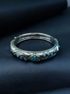 Ethnic Silver Plated Adjustable Bangle | Best Stone Work Openable Kada Jewelry - color: "Aqua"