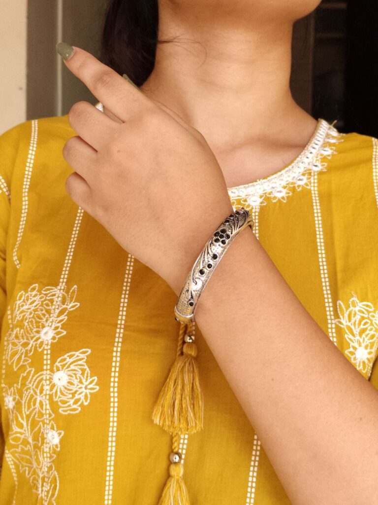 Ethnic Silver Plated Adjustable Bangle | Best Stone Work Openable Kada Jewelry