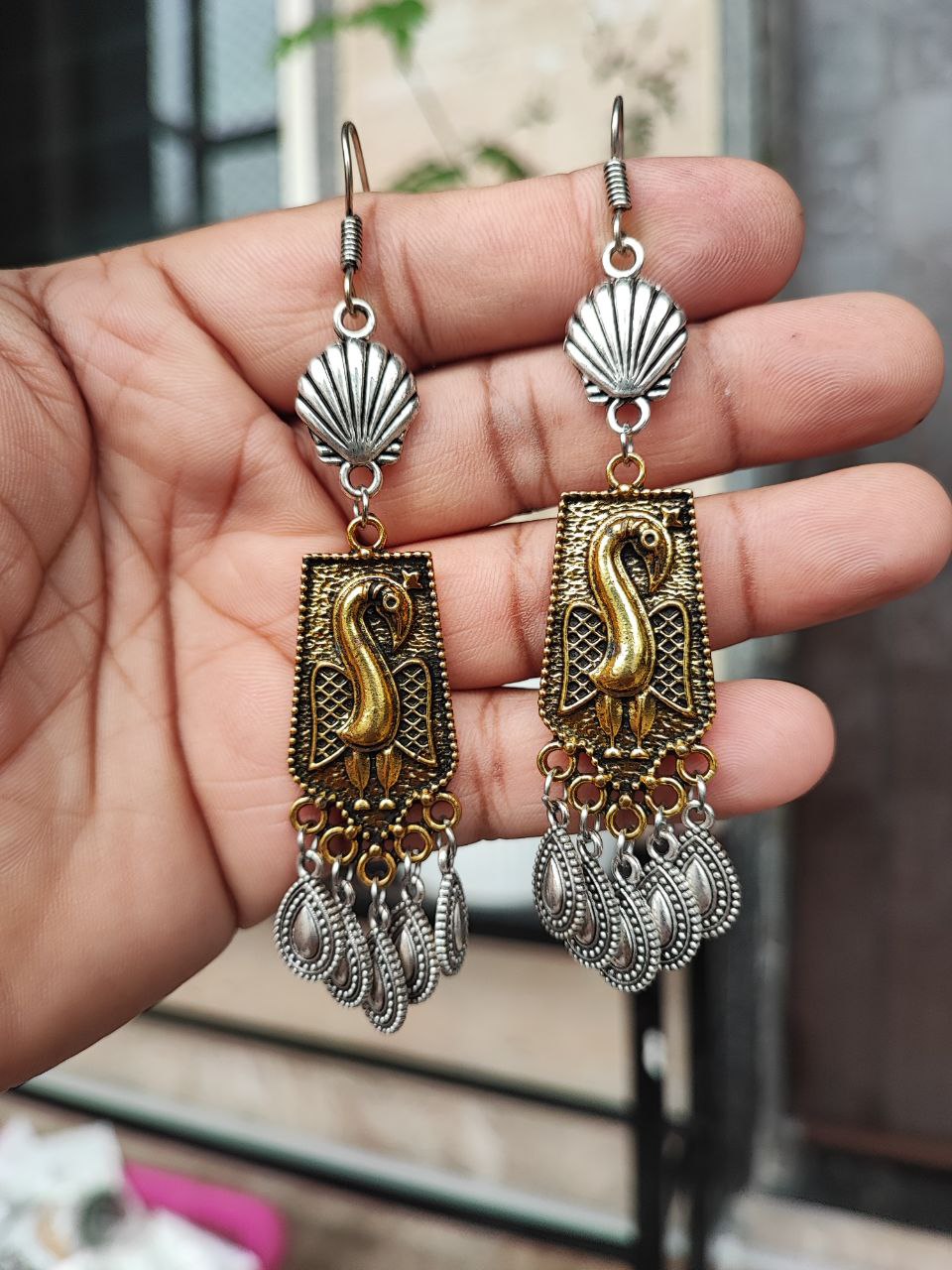 Oxidised Golden Silver Peacock Dangler Earring 1 Oxidised Golden Silver Peacock Dangler Earring