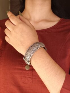 Oxidized floral art bangles free size silver replica kada for women.