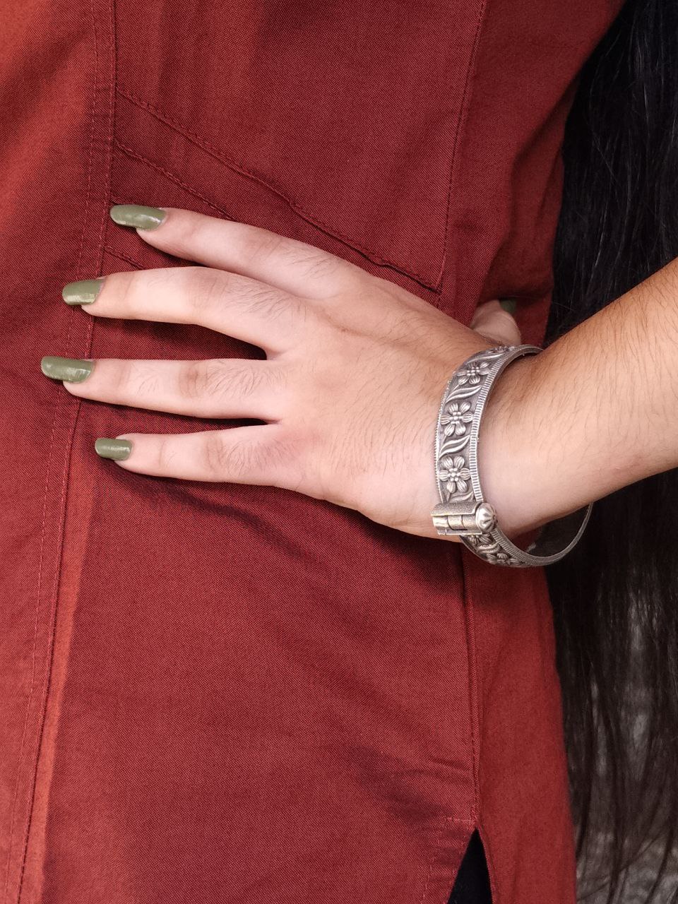 Unique Traditional Oxidized Flower Art Bangles | Silver Replica Openable Kada for Girls 2 Oxidized silver replica flower art bangles openable kada for girls.