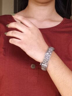 Ethnic Silver Replica Flower Kada Openable Oxidized Bangles for Girls