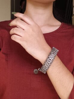 Silver replica oxidized flower kada openable bangle