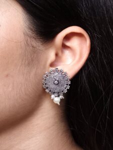 Vintage Look German Silver Stud Earrings | Pearl Detailing Best Daily Wear Jewelry