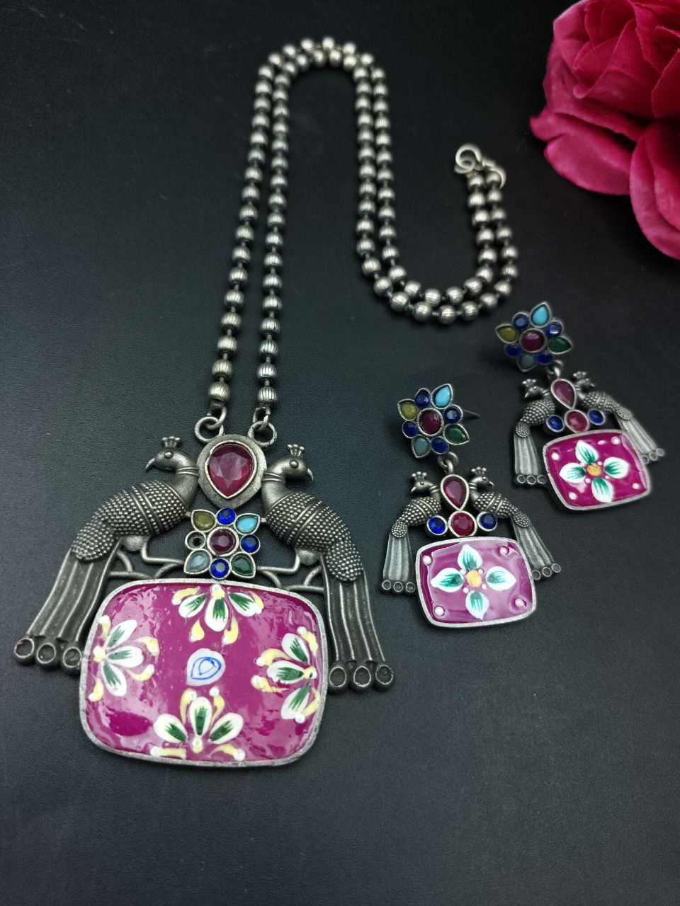 Traditional Best Hand Painted Peacock Necklace Set | Silver Plated Ethnic Jewelry with Stone Work 9 Traditional Best Hand Painted Peacock Necklace Set | Silver Plated Ethnic Jewelry with Stone Work - Image 10