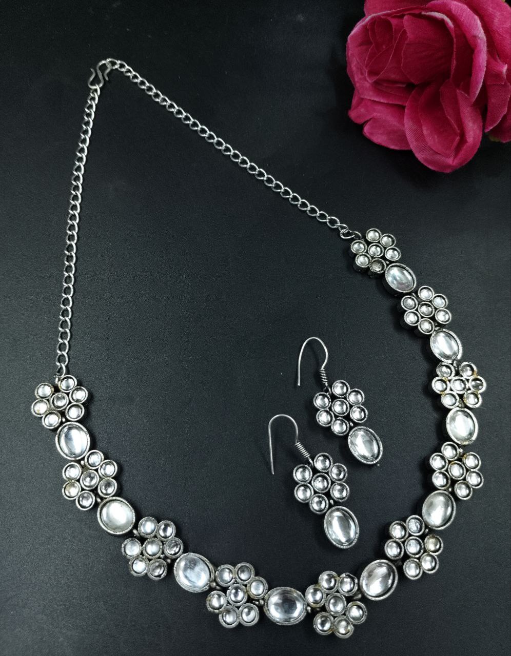 Ethnic Flower Design Necklace | Silver Plated Best Stone Detailing Choker Jewelry 5 Ethnic Silver Plated Flower Design Necklace with Stone Detailing