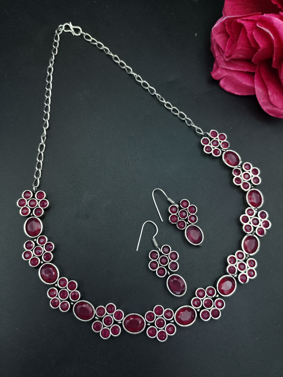 Ethnic Flower Design Necklace | Silver Plated Best Stone Detailing Choker Jewelry 8 Ethnic Silver Plated Flower Design Necklace with Stone Detailing