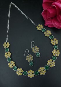Ethnic Flower Design Necklace | Silver Plated Best Stone Detailing Choker Jewelry - color: "Yellow-Green"