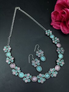 Ethnic Flower Design Necklace | Silver Plated Best Stone Detailing Choker Jewelry - color: "Baby Pink-Mint"