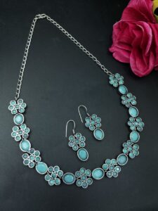 Ethnic Flower Design Necklace | Silver Plated Best Stone Detailing Choker Jewelry - color: "Mint"