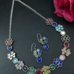 Bulk 242 Ethnic Flower Design Necklace | Silver Plated Best Stone Detailing Choker Jewelry - "Multi"
