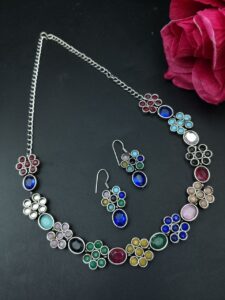Ethnic Flower Design Necklace | Silver Plated Best Stone Detailing Choker Jewelry - color: "Multi"
