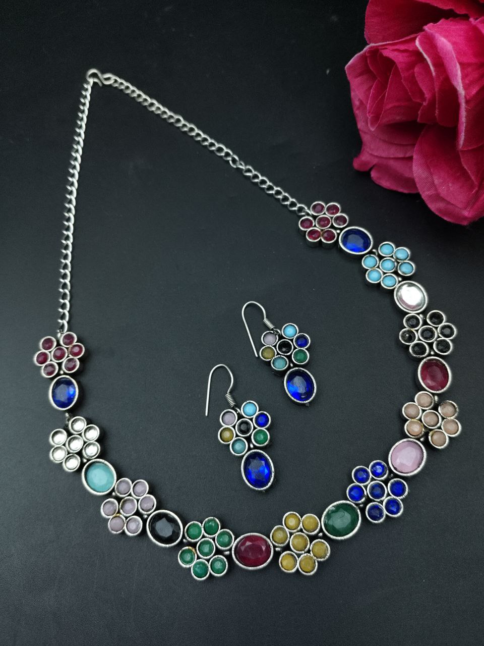 Ethnic Flower Design Necklace | Silver Plated Best Stone Detailing Choker Jewelry 11 Ethnic Silver Plated Flower Design Necklace with Stone Detailing