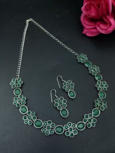 Ethnic Flower Design Necklace | Silver Plated Best Stone Detailing Choker Jewelry - color: "Green"