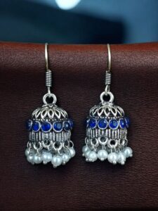 German Silver Pearl Jhumka Earrings | Stylish Stone Hook Danglers Ethnic Wear Amazing Jewelry - color: "Blue"