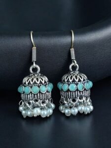 German Silver Pearl Jhumka Earrings | Stylish Stone Hook Danglers Ethnic Wear Amazing Jewelry - color: "Mint"
