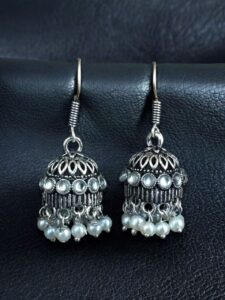 German Silver Pearl Jhumka Earrings | Stylish Stone Hook Danglers Ethnic Wear Amazing Jewelry - color: "White"