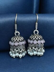 German Silver Pearl Jhumka Earrings | Stylish Stone Hook Danglers Ethnic Wear Amazing Jewelry - color: "Baby Pink"