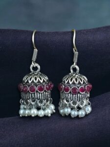 German Silver Pearl Jhumka Earrings | Stylish Stone Hook Danglers Ethnic Wear Amazing Jewelry - color: "Red"