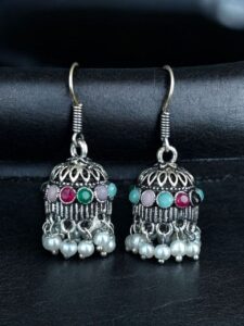 German Silver Pearl Jhumka Earrings | Stylish Stone Hook Danglers Ethnic Wear Amazing Jewelry - color: "Multi"