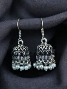 German Silver Pearl Jhumka Earrings | Stylish Stone Hook Danglers Ethnic Wear Amazing Jewelry - color: "Black"