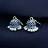 German silver pearl jhumka earrings with stone hook dangler design.
