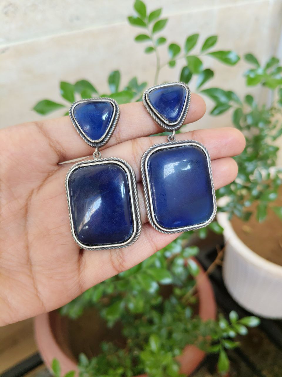 Oxidised Rectangle Monalisa Stone Earring 1 Oxidised Rectangle Monalisa Stone Earring