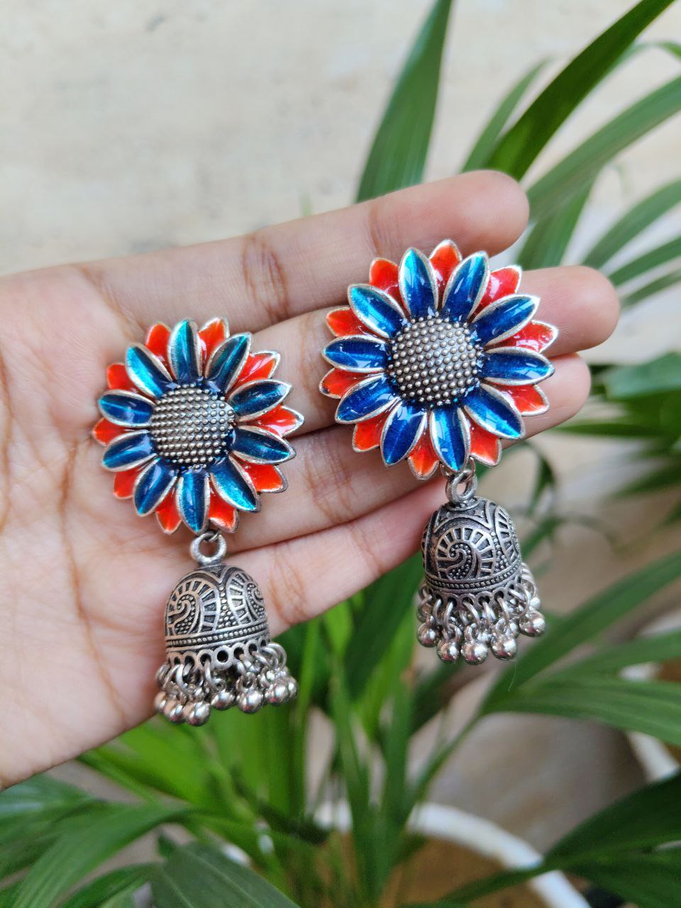 Oxidised Meenakari Flower Jhumka Earring 1 Oxidised Meenakari Flower Jhumka Earring