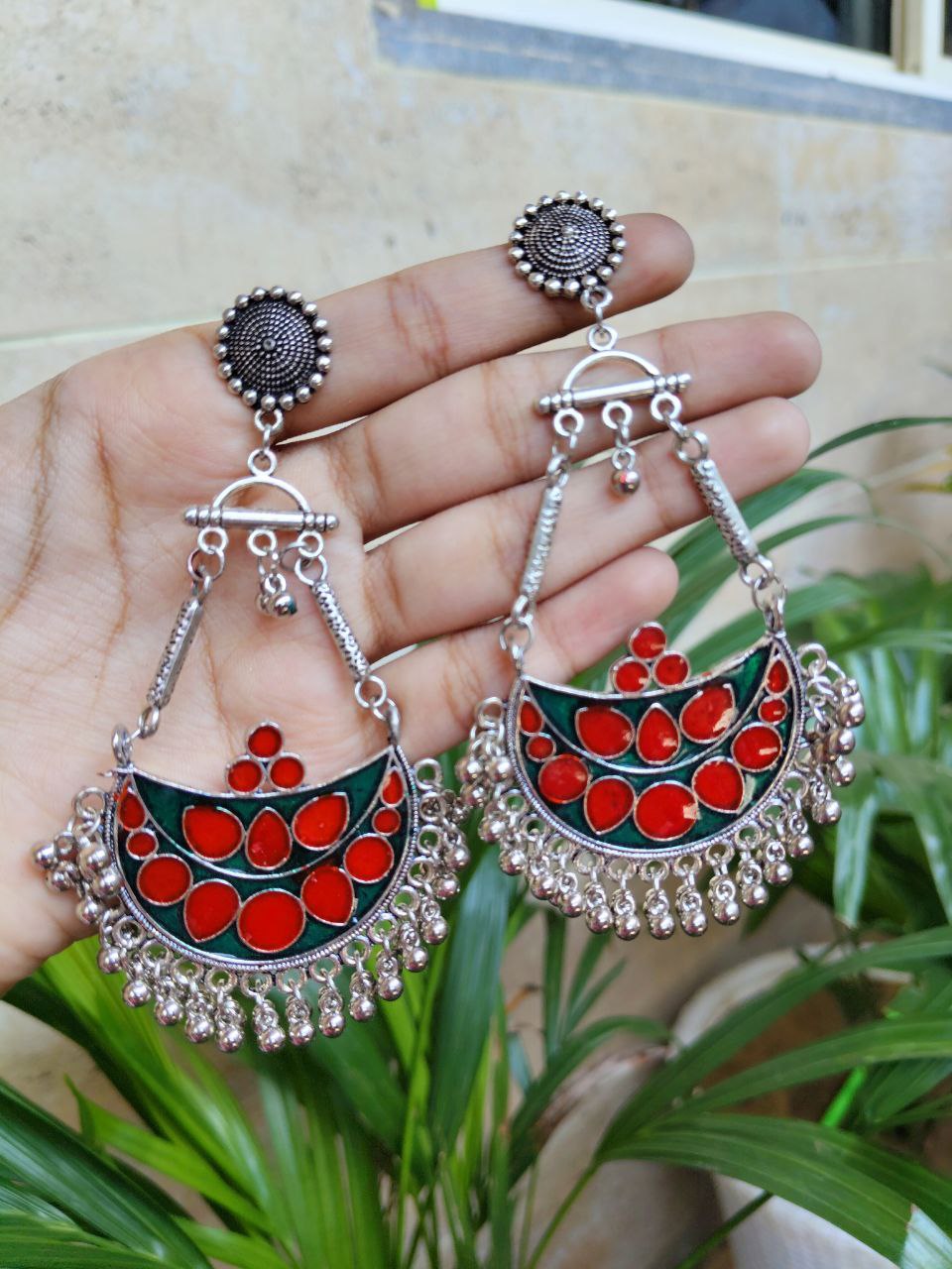 Oxidised Meenakari Chain Chandbali Earring 1 Oxidised Meenakari Chain Chandbali Earring
