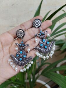 Oxidised Peacock Stone Stud Earring