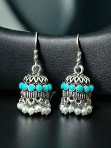 German Silver Pearl Jhumka Earrings | Stylish Stone Hook Danglers Ethnic Wear Amazing Jewelry - color: "Aqua"