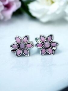 Traditional Flower Design Toe Ring | Oxidized Stone Work Best Jewelry - color: "Baby Pink"