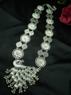 Traditional German Silver Long Peacock Necklace with Ghungroos
