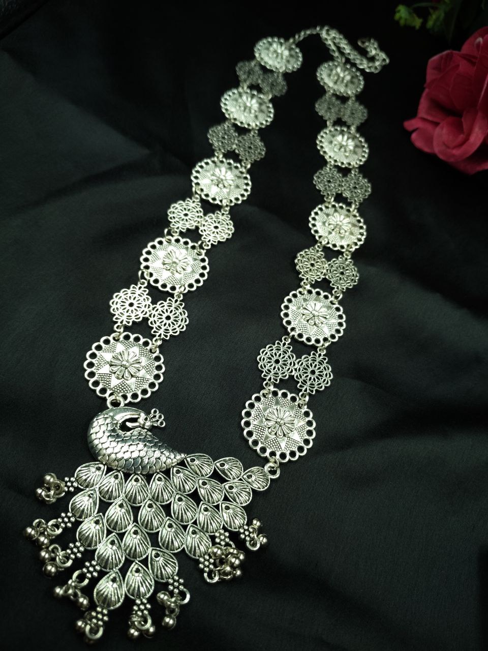 Traditional Long Peacock Necklace | German Silver Ghungroo Best Ethnic Jewelry 1 Traditional German Silver Long Peacock Necklace with Ghungroos