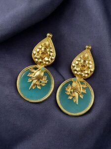 Gold Plated Floral Art Bird Stud Earrings | Monalisa Stone Ethnic Western Look Perfect Jewelry For Women - color: "Aqua"