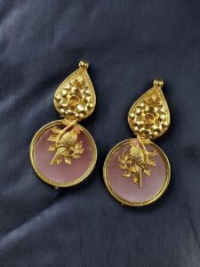 Gold Plated Floral Art Bird Stud Earrings | Monalisa Stone Ethnic Western Look Perfect Jewelry For Women - color: "Baby Pink"