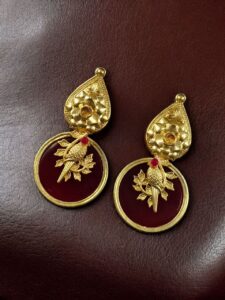 Gold Plated Floral Art Bird Stud Earrings | Monalisa Stone Ethnic Western Look Perfect Jewelry For Women - color: "Red"