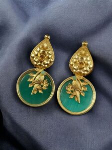Gold Plated Floral Art Bird Stud Earrings | Monalisa Stone Ethnic Western Look Perfect Jewelry For Women - color: "Mint"