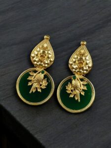 Gold Plated Floral Art Bird Stud Earrings | Monalisa Stone Ethnic Western Look Perfect Jewelry For Women - color: "Green"